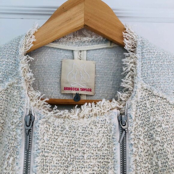 Rebecca Taylor Tweed Jacket Moto Size 6 Frayed Edges Cotton Leather Trim Biker - Picture 5 of 11